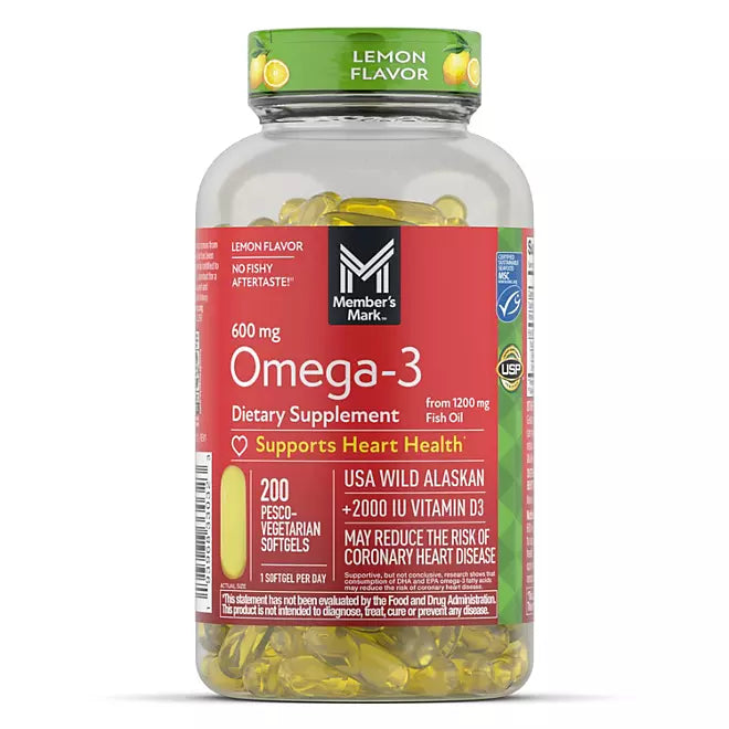 Omega 3 600 mg- Fish Oil 1200 mg  + D3 Double Strength Wild Alaskan Fresh Fish Oil (200 ct.)