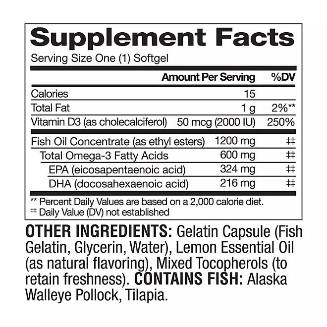 Omega 3 600 mg- Fish Oil 1200 mg  + D3 Double Strength Wild Alaskan Fresh Fish Oil (200 ct.)