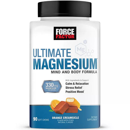 Force Factor Ultimate Magnesium 330 mg Masticables blandos, sabor a crema de naranja, 90 unidades