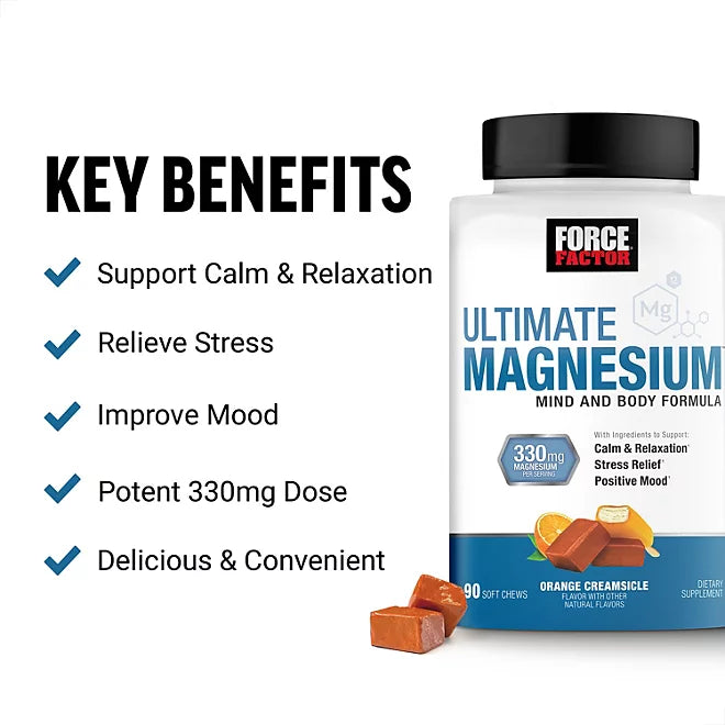 Force Factor Ultimate Magnesium 330 mg Masticables blandos, sabor a crema de naranja, 90 unidades