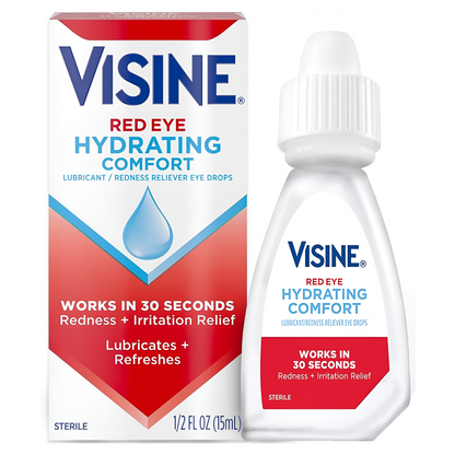 Visine Red Eye Hydrating Comfort Alivio del enrojecimiento y gotas lubricantes para ayudar a hidratar y aliviar los ojos rojos debido a irritaciones menores de los ojos Rápido, Tetrahidrozolina HCl, 15ml