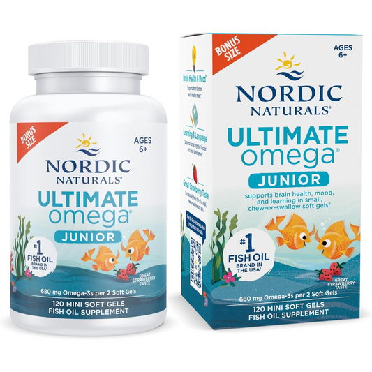 Nordic Naturals Ultimate Omega Junior - Ayuda a tener un corazón y cerebro saludables y mejora el estado de ánimo de niños en desarrollo, sabor fresa 120 mini softgels