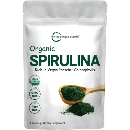 Micro Ingredients Espirulina orgánica en polvo, 16 onzas, Espirulina cruda (Arthrospira Platensis), Las fuentes más ricas de 70% de proteína vegana, Envases de minerales, vitaminas, sin OGM y sin irradiación