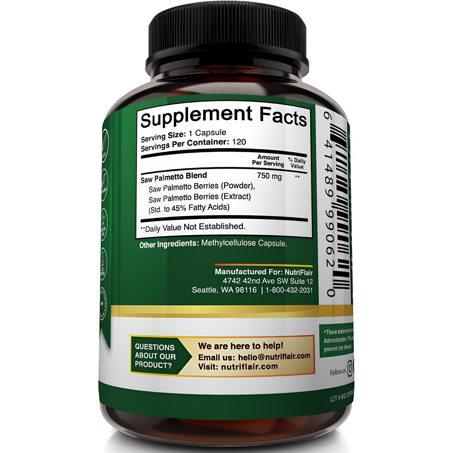 NUTRIFLAIR Saw Palmetto 750 mg, 120 capsulas -Natural Próstata Salud Apoyo