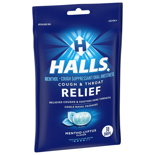 HALLS RELIEF Cough & Throat - Alivio para tos, 30 caramelos sabor MENTHO-LYPTUS