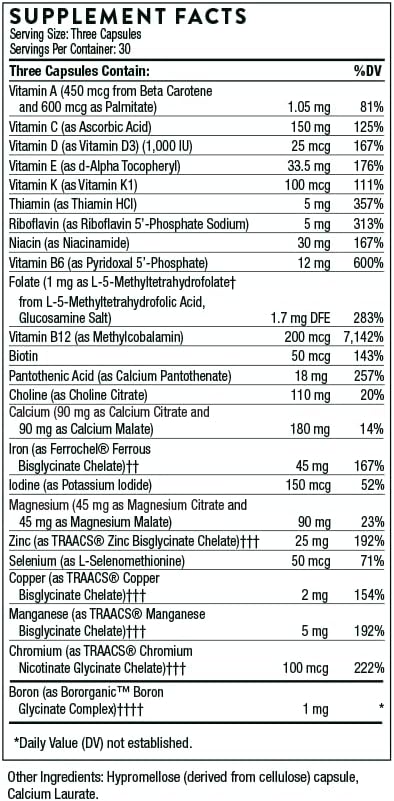 Thorne investigación – Basic – Ácido Fólico para mujer Multivitamínico Prenatal – 90 Cápsulas vegetarianas