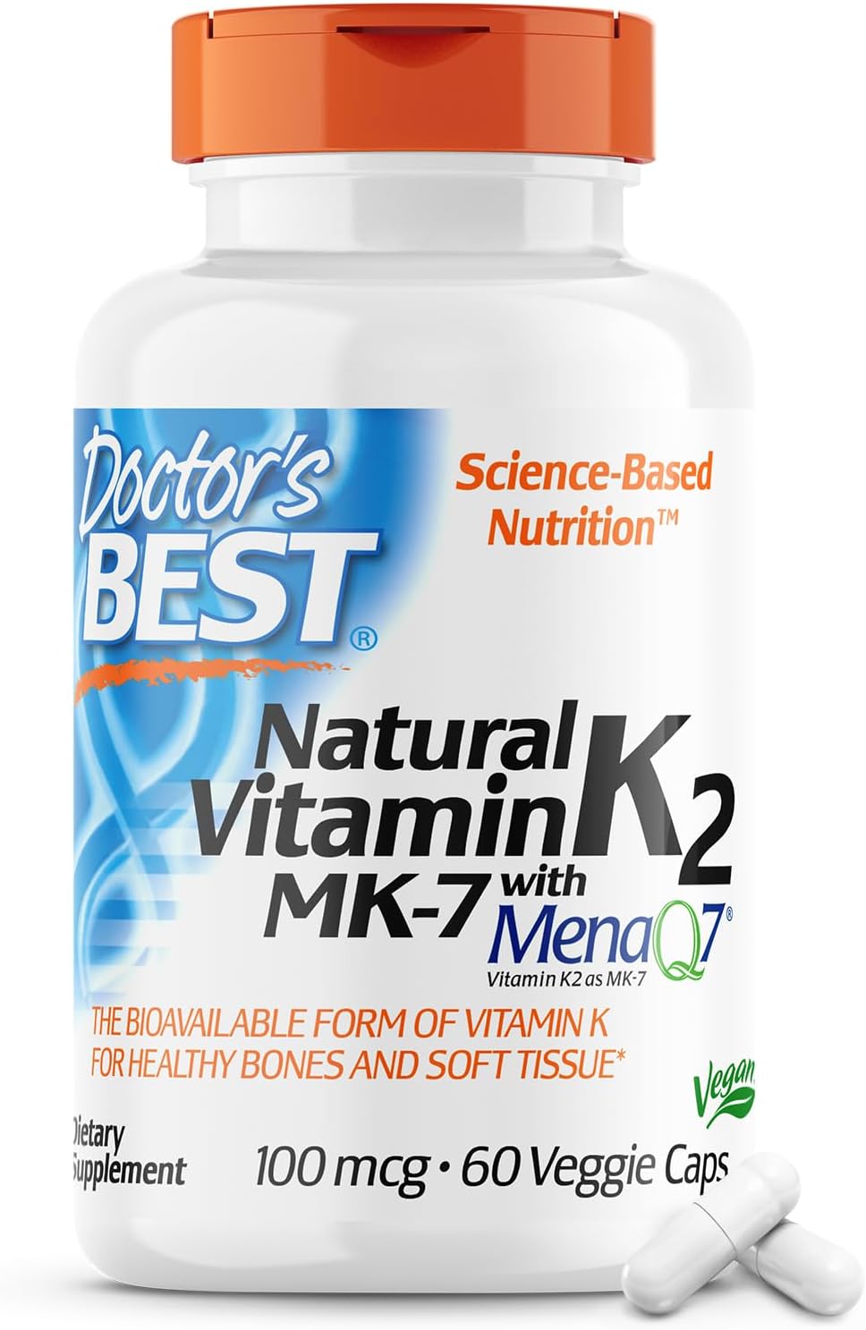 Doctor's Best Vitamina K2 Mk-7 natural con MenaQ7,  vitamina K2 de 100 mcg que apoya la salud ósea, 60 cápsulas