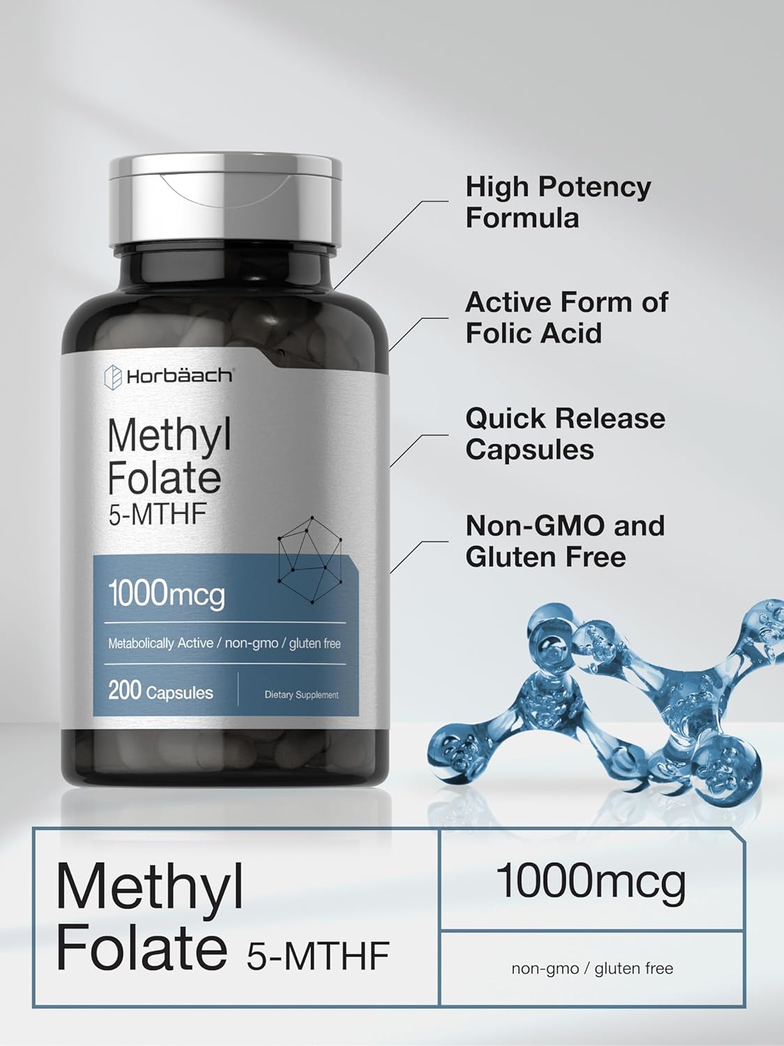 Horbaach - Methyl Folate , 5MTHF 1000mcg - Folato de metilo, 5MTHF 1000 mcg, 200 Capsulas