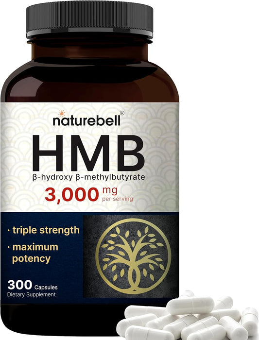 NatureBell HMB 3,000 mg por porción | 300 cápsulas, 3 veces triple fuerza HMB beta-hidroxi beta-metilbutirato suplemento – Masa muscular magra y apoyo de recuperación – Sin OMG