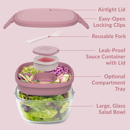 Bentgo Glass – Ensaladera a prueba de fugas con tazón grande, bandeja estilo bento de 4 compartimentos para aderezos, contenedor de salsa de 3 oz para aderezos y tenedor reutilizable incorporado (rosa)