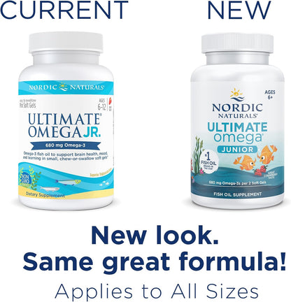 Nordic Naturals Ultimate Omega Junior - Ayuda a tener un corazón y cerebro saludables y mejora el estado de ánimo de niños en desarrollo, sabor fresa 120 mini softgels