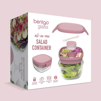 Bentgo Glass – Ensaladera a prueba de fugas con tazón grande, bandeja estilo bento de 4 compartimentos para aderezos, contenedor de salsa de 3 oz para aderezos y tenedor reutilizable incorporado (rosa)