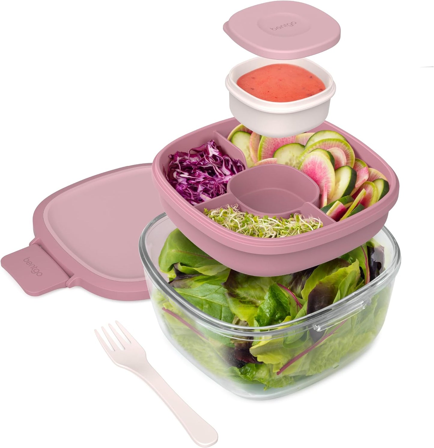 Bentgo Glass – Ensaladera a prueba de fugas con tazón grande, bandeja estilo bento de 4 compartimentos para aderezos, contenedor de salsa de 3 oz para aderezos y tenedor reutilizable incorporado (rosa)