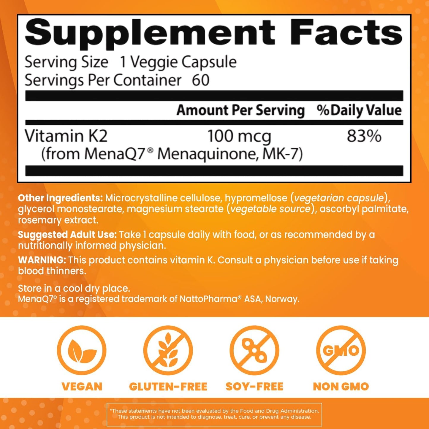 Doctor's Best Vitamina K2 Mk-7 natural con MenaQ7,  vitamina K2 de 100 mcg que apoya la salud ósea, 60 cápsulas