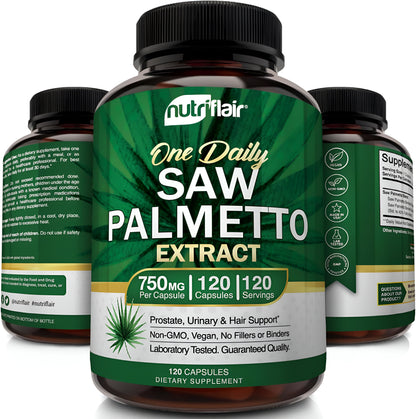 NUTRIFLAIR Saw Palmetto 750 mg, 120 capsulas -Natural Próstata Salud Apoyo