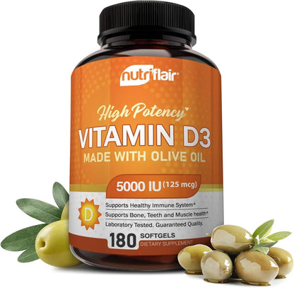 NutriFlair Vitamina D3 5000 UI cápsulas blandas – Suplemento de vitamina D con aceite de oliva – Sin OMG, fórmula avanzada, 125 mcg – 180 cápsulas