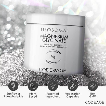 Codeage Suplemento de glicinato de magnesio liposomal, suministro de 2 meses, quelato de bisglicinato de magnesio, pÃ­ldoras minerales de magnesio quelado, cÃ¡psulas de vitaminas de pimienta negra de BioPerina, veganas sin OMG, 240 unidades