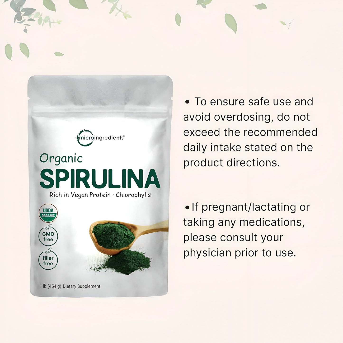 Micro Ingredients Espirulina orgánica en polvo, 16 onzas, Espirulina cruda (Arthrospira Platensis), Las fuentes más ricas de 70% de proteína vegana, Envases de minerales, vitaminas, sin OGM y sin irradiación