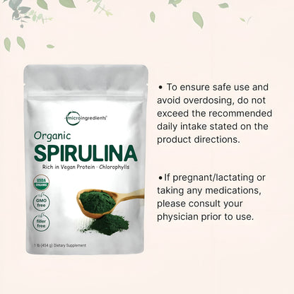 Micro Ingredients Espirulina orgánica en polvo, 16 onzas, Espirulina cruda (Arthrospira Platensis), Las fuentes más ricas de 70% de proteína vegana, Envases de minerales, vitaminas, sin OGM y sin irradiación