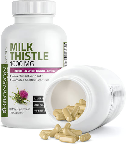 Milk Thistle Bronson, 1,000 mg, con Silymarin marianum y raíz de diente de león, suplemento para la salud hepática, 120 cápsulas