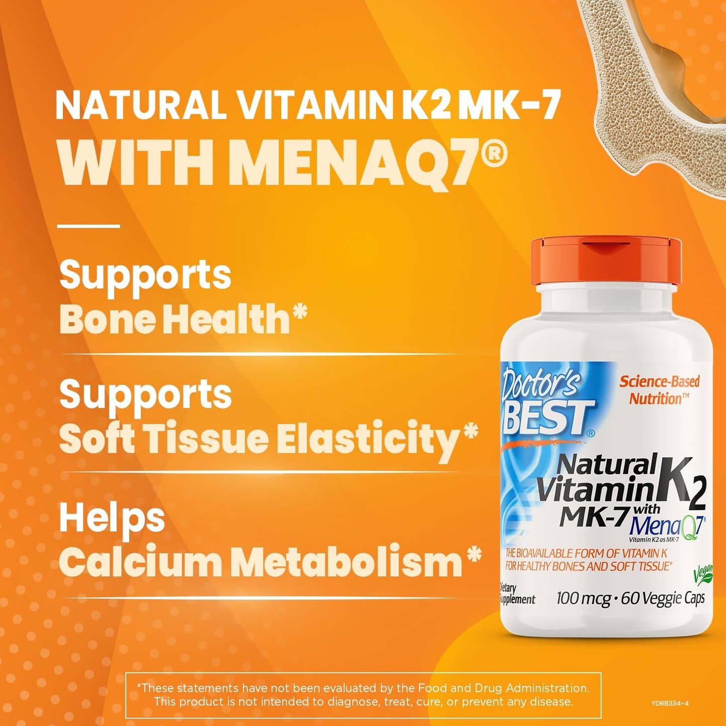 Doctor's Best Vitamina K2 Mk-7 natural con MenaQ7,  vitamina K2 de 100 mcg que apoya la salud ósea, 60 cápsulas