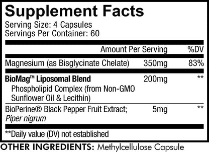 Codeage Suplemento de glicinato de magnesio liposomal, suministro de 2 meses, quelato de bisglicinato de magnesio, pÃ­ldoras minerales de magnesio quelado, cÃ¡psulas de vitaminas de pimienta negra de BioPerina, veganas sin OMG, 240 unidades