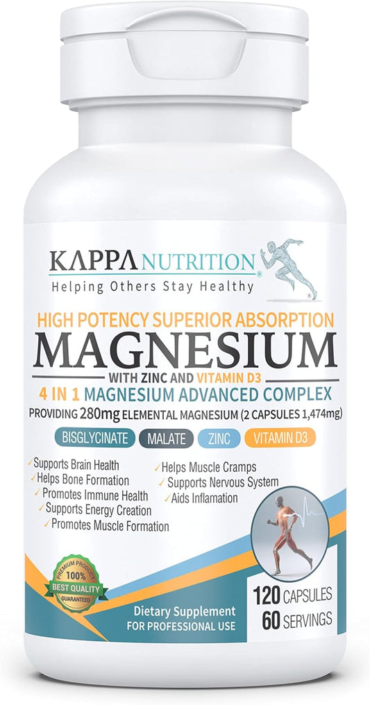 Kappa Nutrition Magnesio Advanced Complex  glicinato, bisglicinato, malato, zinc, vitamina D3 - 120 Cápsulas