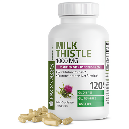 Milk Thistle Bronson, 1,000 mg, con Silymarin marianum y raíz de diente de león, suplemento para la salud hepática, 120 cápsulas