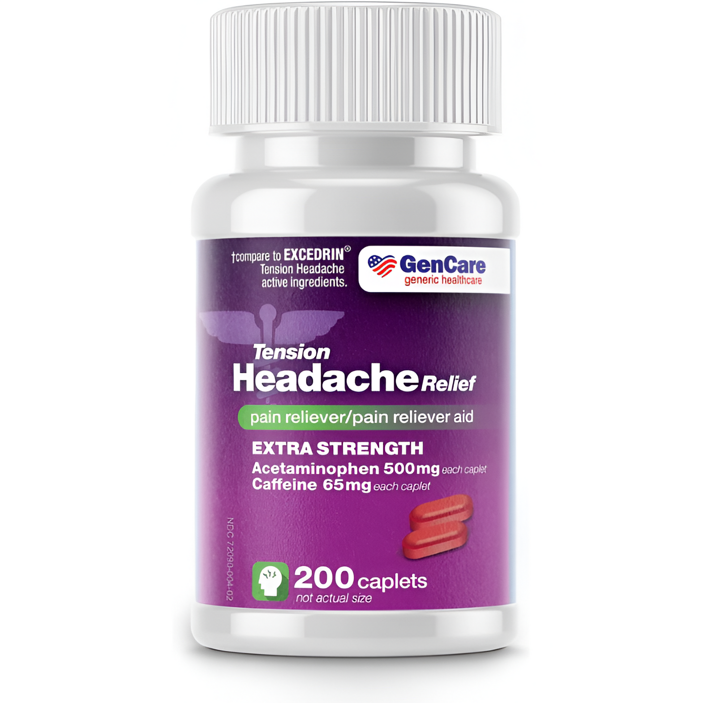 GenCare - Alivio del dolor de cabeza por tensión con acetaminofeno 500 mg y cafeína de 65 mg (200 comprimidos) Paquete económico | Extra fuerte para dolores de cabeza y cuerpo