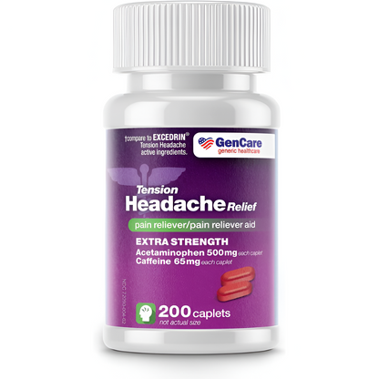 GenCare - Alivio del dolor de cabeza por tensión con acetaminofeno 500 mg y cafeína de 65 mg (200 comprimidos) Paquete económico | Extra fuerte para dolores de cabeza y cuerpo