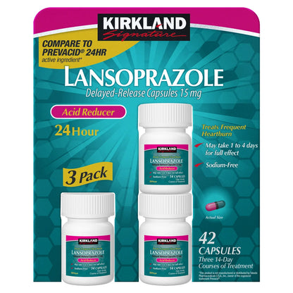 Kirkland Signature Lansoprazole 15 mg. Acid Reducer, 42 Cápsulas PACK 3 FRASCOS