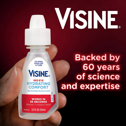 Visine Red Eye Hydrating Comfort Alivio del enrojecimiento y gotas lubricantes para ayudar a hidratar y aliviar los ojos rojos debido a irritaciones menores de los ojos Rápido, Tetrahidrozolina HCl, 15ml