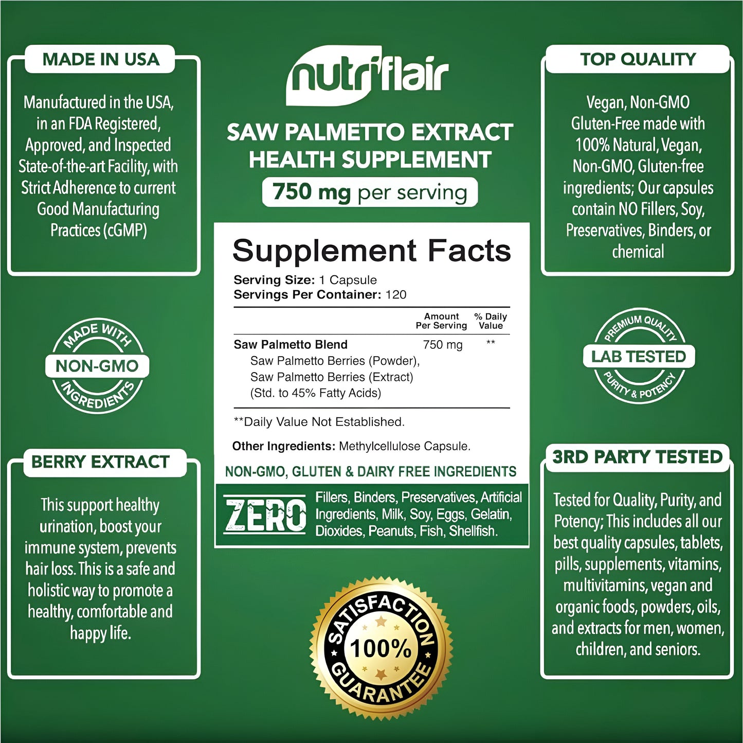 NUTRIFLAIR Saw Palmetto 750 mg, 120 capsulas -Natural Próstata Salud Apoyo