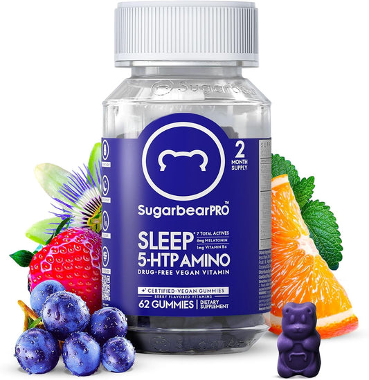 SugarBear Sleep 5-HTP Amino 62 gomitas, suplemento para 2 meses