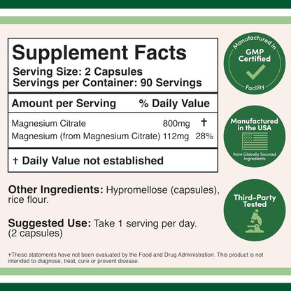 Double Wood Magnesium Citrate 800mg 180 capsulas