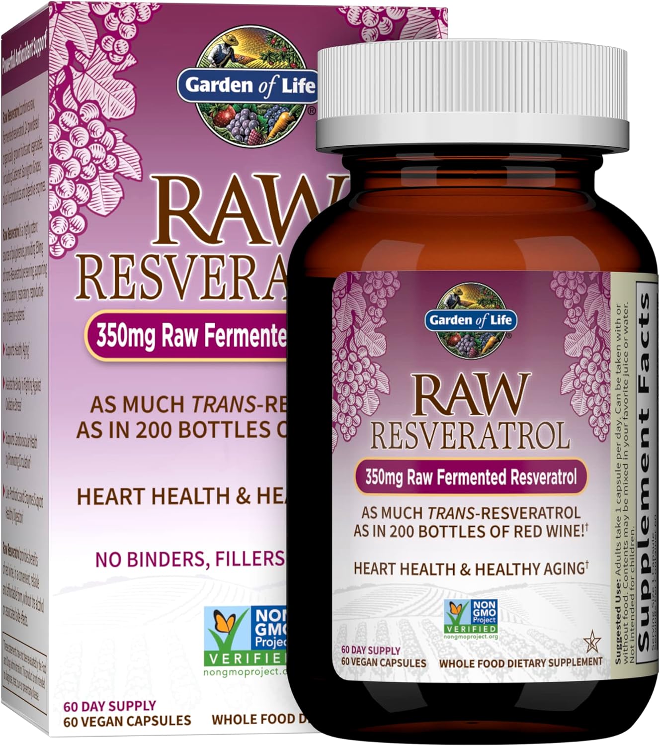 Garden of Life Resveratrol Cardíaco: potente apoyo antioxidante con 350 mg de trans-resveratrol fermentado crudo más probióticos y enzimas para la salud cardíaca y el envejecimiento , 60 cápsulas