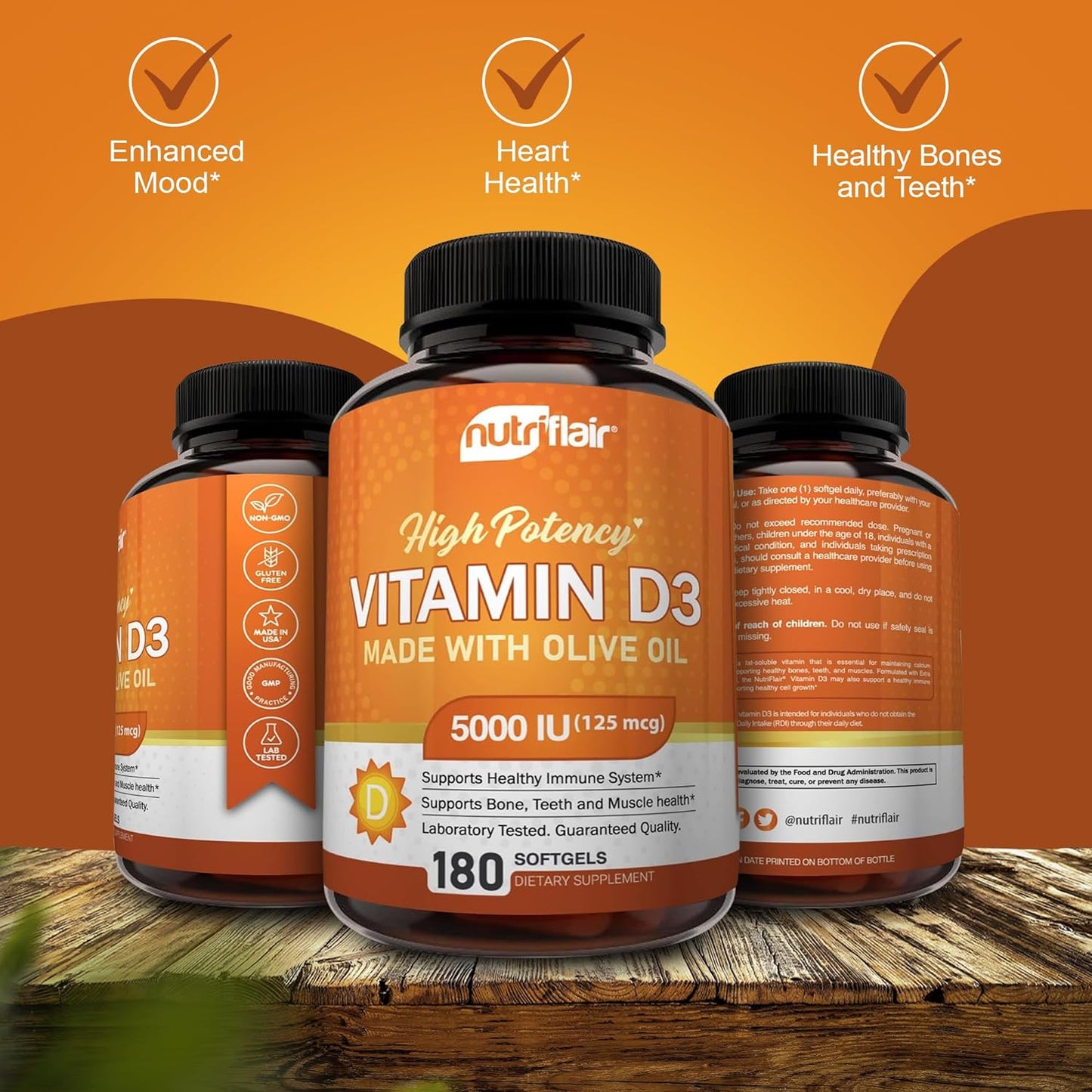 NutriFlair Vitamina D3 5000 UI cápsulas blandas – Suplemento de vitamina D con aceite de oliva – Sin OMG, fórmula avanzada, 125 mcg – 180 cápsulas