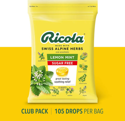 Ricola Gotas supresoras de la tos de hierbas sin azúcar y menta y limón, bolsa de 105 unidades