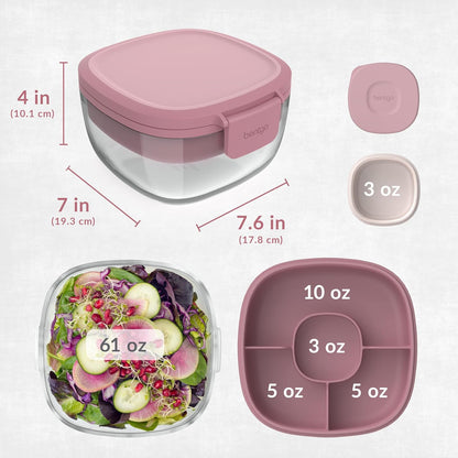 Bentgo Glass – Ensaladera a prueba de fugas con tazón grande, bandeja estilo bento de 4 compartimentos para aderezos, contenedor de salsa de 3 oz para aderezos y tenedor reutilizable incorporado (rosa)