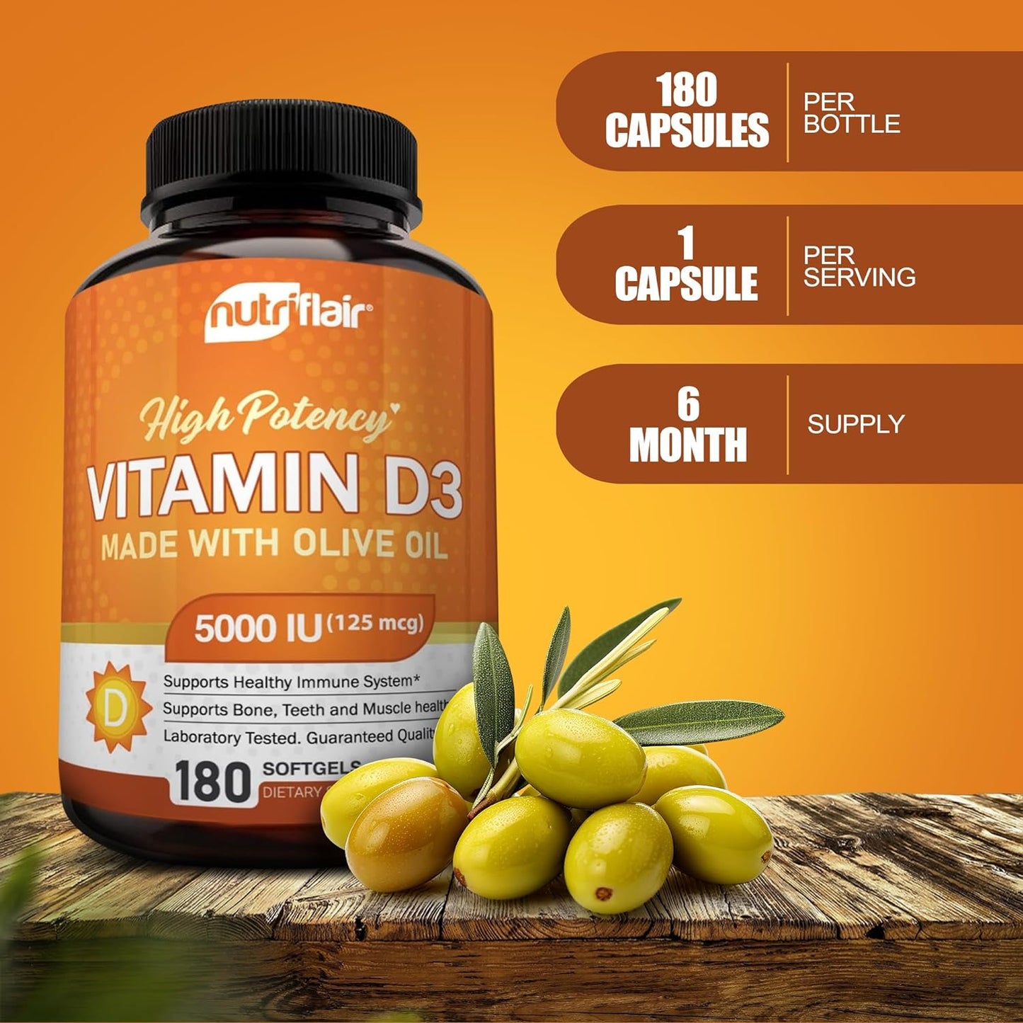 NutriFlair Vitamina D3 5000 UI cápsulas blandas – Suplemento de vitamina D con aceite de oliva – Sin OMG, fórmula avanzada, 125 mcg – 180 cápsulas