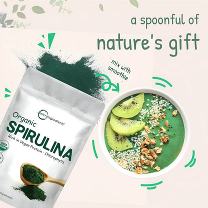 Micro Ingredients Espirulina orgánica en polvo, 16 onzas, Espirulina cruda (Arthrospira Platensis), Las fuentes más ricas de 70% de proteína vegana, Envases de minerales, vitaminas, sin OGM y sin irradiación