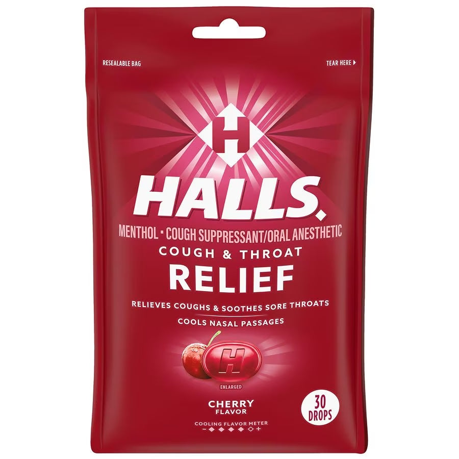 HALLS RELIEF Cough & Throat - Caramelos para Alivio de Tos, 30 caramelos sabor CHERRY