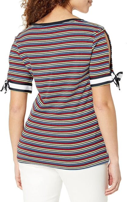 Tommy Hilfiger Camiseta de rayas de manga con lazo para mujer - Talla S