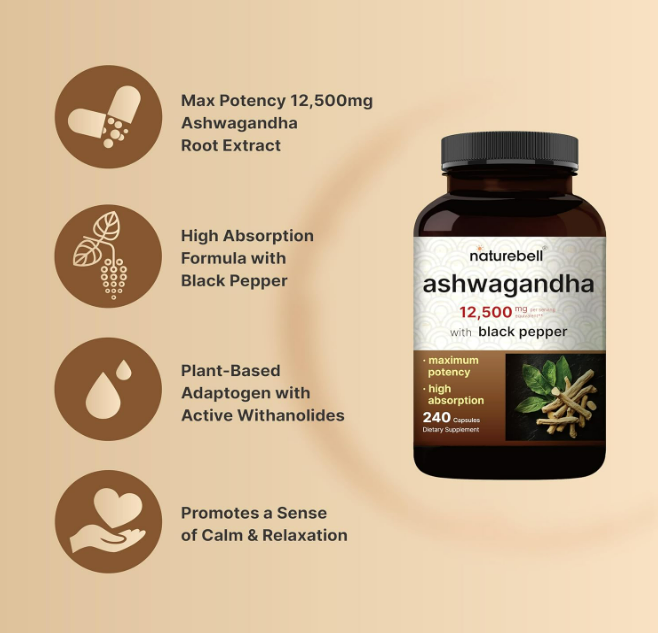 Naturebell , Ashwagandha 12,500mg con pimienta negra - 240 capsulas