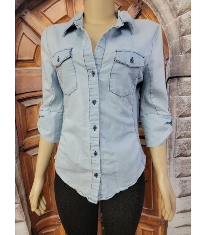 CAVALINI Blue Button Up 3/4 Sleeve Women Shirt Top PL