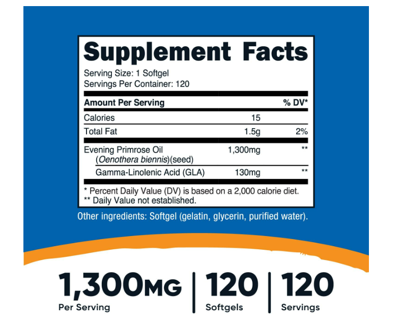 Evening Primrose Oil 1300mg , 120 capsulas - Nutricost