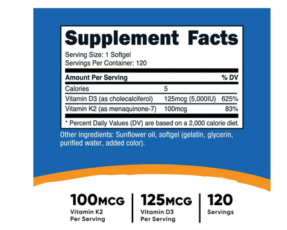 Nutricost Vit K2 (MK7) (100 mcg) + VitD3 (5000 UI) ,120 cápsulas