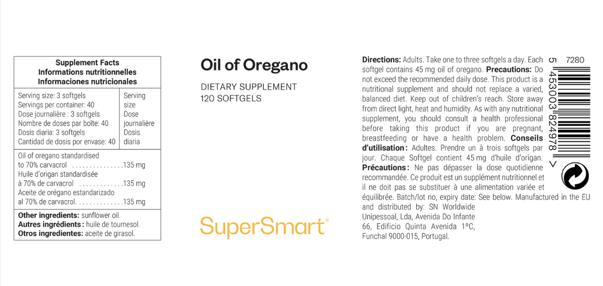 Aceite de oregano 135mg , Supersmart , 120 capsulas