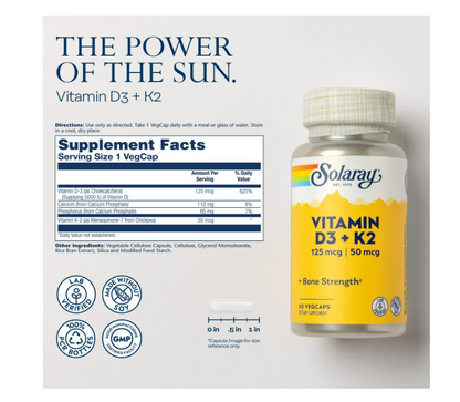 Solaray Vitamina D-3 con K-2, 60 cápsulas vegetarianas