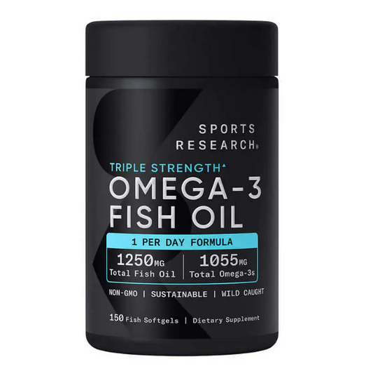 Omega 3  Sports Research - Fish Oil 1250mg - 1055 mg. Omega 3 1055 mg - Triple Accion - 150 Cápsulas Blandas